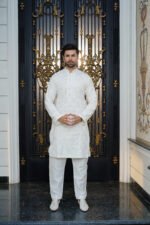Ivory & Golden Hand-Embellished Long Prince Coat Set - Image 11