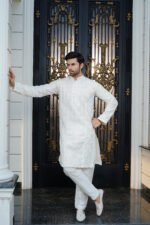 Ivory & Golden Hand-Embellished Long Prince Coat Set - Image 10