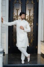 Ivory & Golden Hand-Embellished Long Prince Coat Set - Image 9