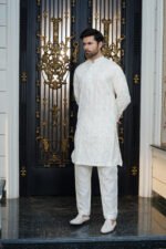 Ivory & Golden Hand-Embellished Long Prince Coat Set - Image 8