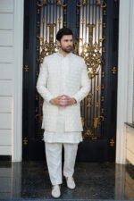 Ivory & Golden Hand-Embellished Long Prince Coat Set - Image 6