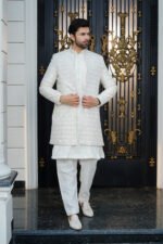 Ivory & Golden Hand-Embellished Long Prince Coat Set - Image 5