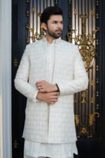 Ivory & Golden Hand-Embellished Long Prince Coat Set - Image 3