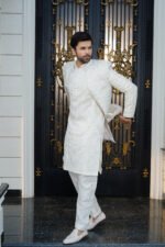 Ivory & Golden Hand-Embellished Long Prince Coat Set - Image 2