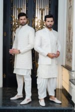 Pure White Embroidered Prince Coat Set - Image 3