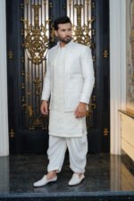 Pure White Embroidered Prince Coat Set - Image 16