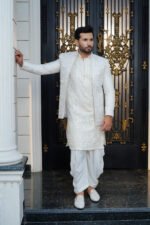 Pure White Embroidered Prince Coat Set - Image 15