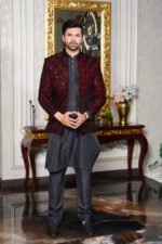 Red & Black Embroidered Prince Coat
