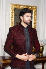 Red & Black Embroidered Prince Coat - Image 3