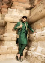 Green Embroidered Front Open Prince Coat