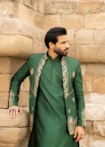 Green Embroidered Front Open Prince Coat - Image 3