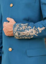 Teal Blue Hand-Embroidered Prince Coat Suit - Image 2