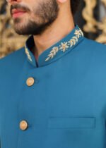 Teal Blue Hand-Embroidered Prince Coat Suit - Image 3