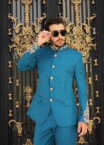 Teal Blue Hand-Embroidered Prince Coat Suit - Image 12