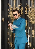 Teal Blue Hand-Embroidered Prince Coat Suit - Image 11