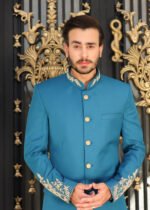 Teal Blue Hand-Embroidered Prince Coat Suit - Image 10