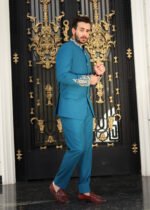 Teal Blue Hand-Embroidered Prince Coat Suit - Image 9