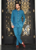 Teal Blue Hand-Embroidered Prince Coat Suit - Image 8