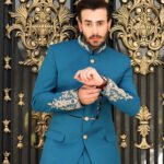 Teal Blue Hand-Embroidered Prince Coat Suit