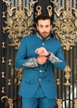 Teal Blue Hand-Embroidered Prince Coat Suit
