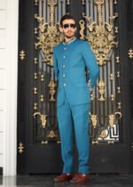Teal Blue Hand-Embroidered Prince Coat Suit - Image 6