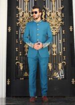 Teal Blue Hand-Embroidered Prince Coat Suit - Image 5