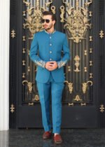 Teal Blue Hand-Embroidered Prince Coat Suit - Image 4