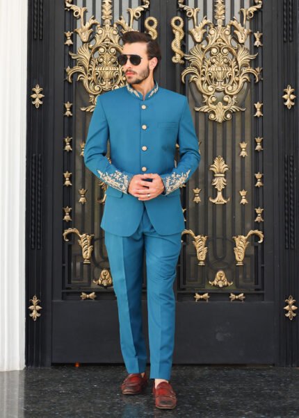 Teal Blue Hand-Embroidered Prince Coat Suit