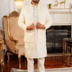 Cream Open Front Prince Coat by Azlan Shahzad