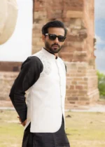 Dual-tone White Textured Designer Waistcoat - Image 6